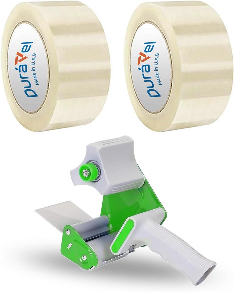 Duravel Packing Tape with Dispenser Gun - Clear Tape Roll and Green Ergonomic Dispenser (2 Pack) - Image 1